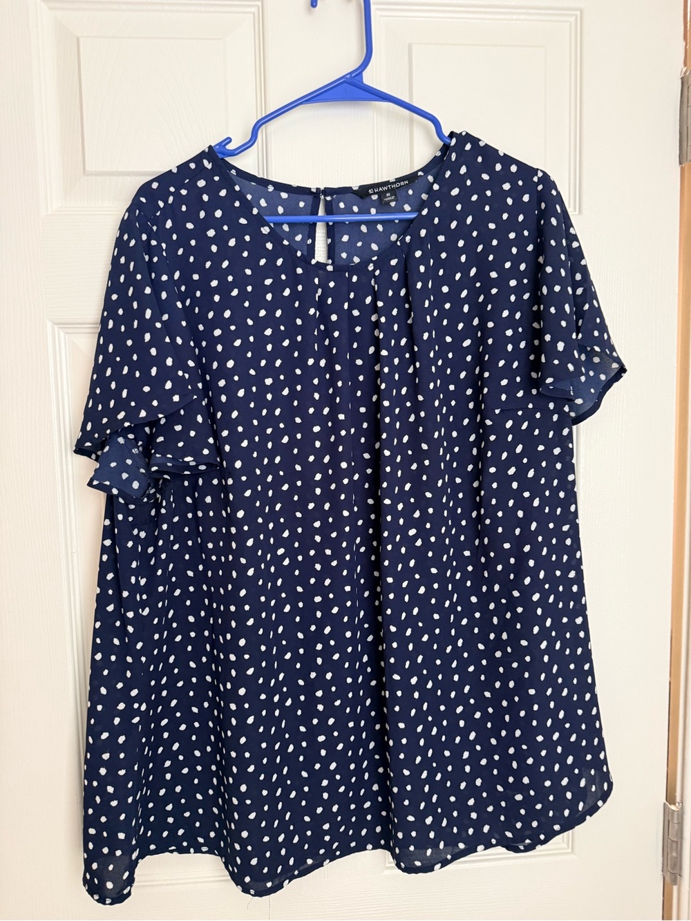 41 Hawthorn Navy Blue and White Polka Dot Flutter Sleeve Blouse